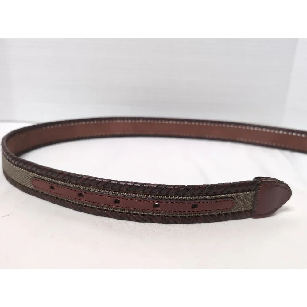 CUSTOM LEATHER BELT LEATHER And WOVEN CANVAS  MENS SIZE 42 BROWN/TAN/BRASS